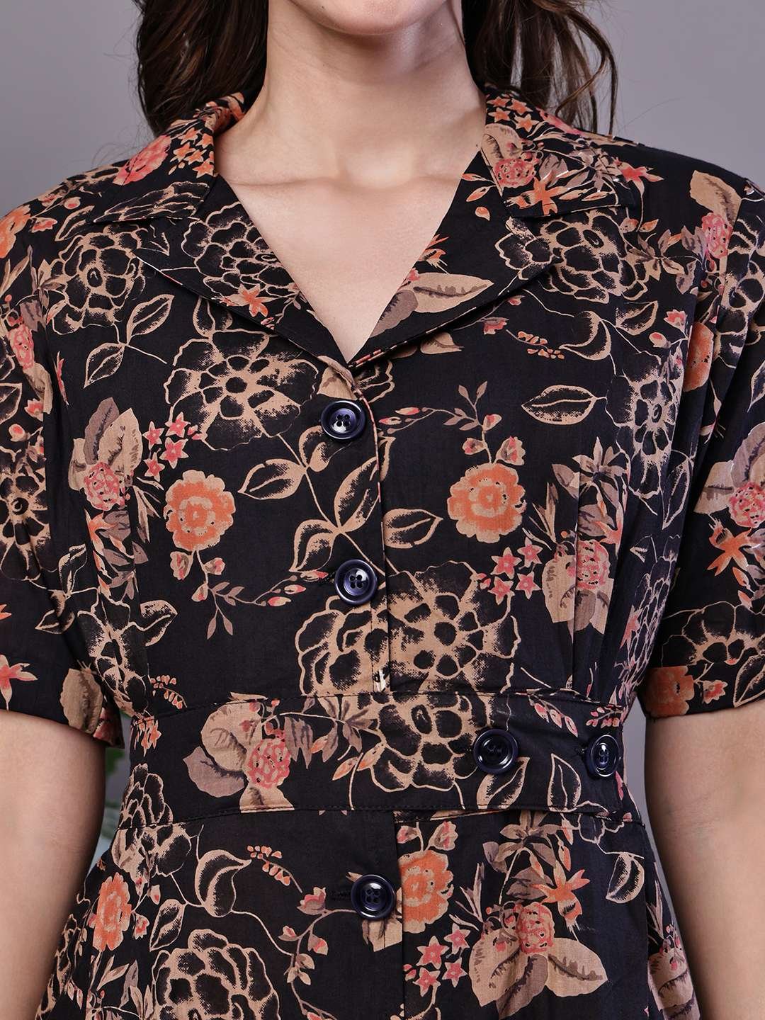 Women's Chic Black & Rust Floral Print Button-Front Midi Dress - Image 5