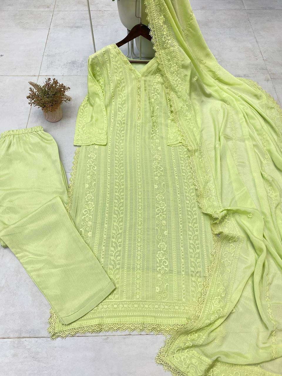 Women's Chinon Silk with Cotton Thread Embroidery Straight Kurti With Pant and Dupatta set - Image 14