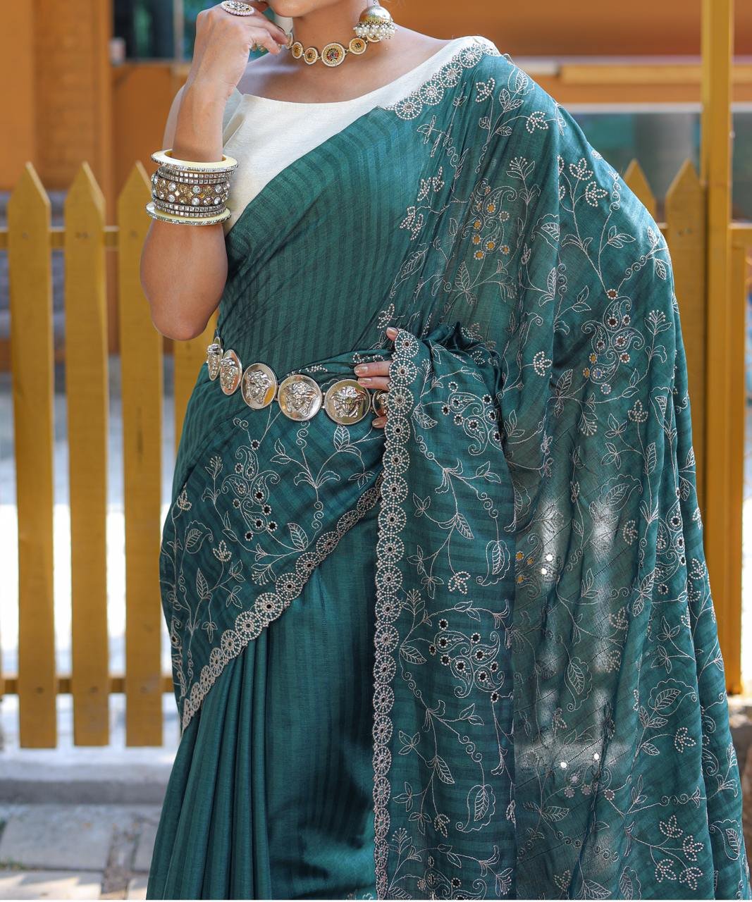 Women's Royal Prussian Blue Georgette Saree with Intricate Silver Thread & Mirror Work Embroidery β Perfect for Festive & Wedding Celebrations - Image 19